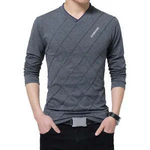 Men's T-shirt Slim Fit High V-Neck Long Sleeve With Geometric Detail Sizes Up to 5XL