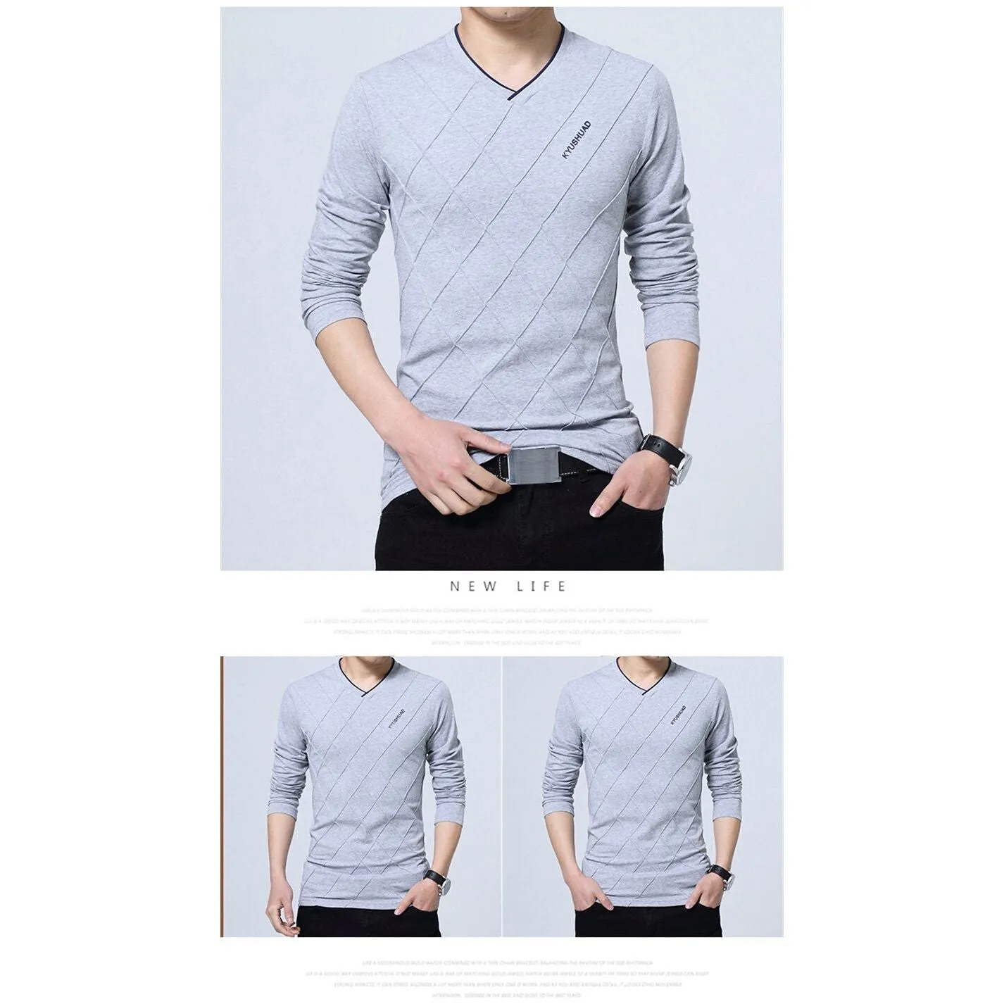 Men's T-shirt Slim Fit High V-Neck Long Sleeve With Geometric Detail Sizes Up to 5XL