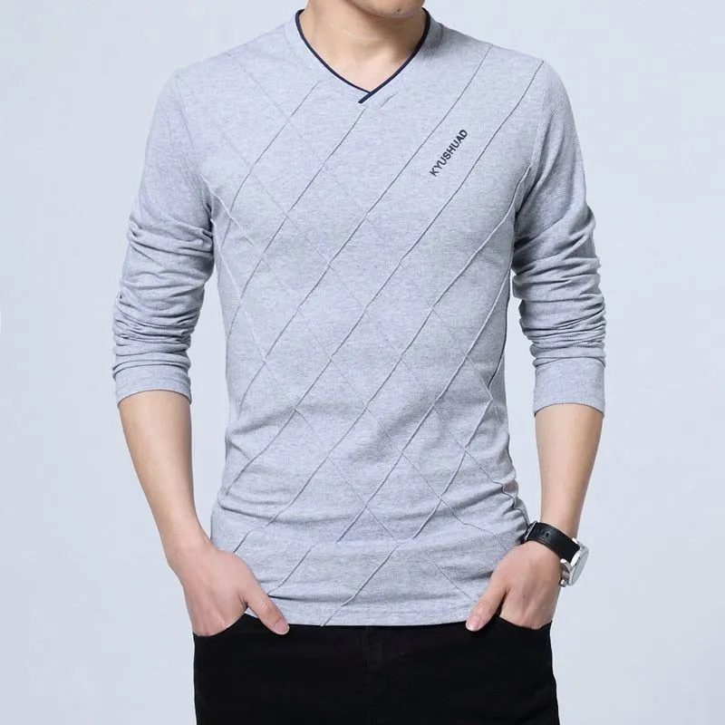 Men's T-shirt Slim Fit High V-Neck Long Sleeve With Geometric Detail Sizes Up to 5XL