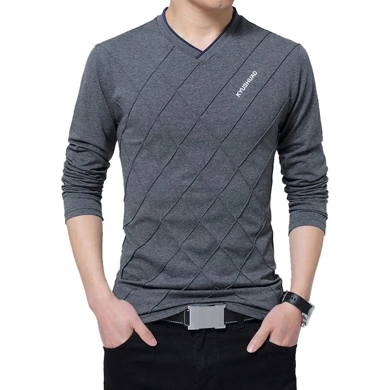 Men's T-shirt Slim Fit High V-Neck Long Sleeve With Geometric Detail Sizes Up to 5XL