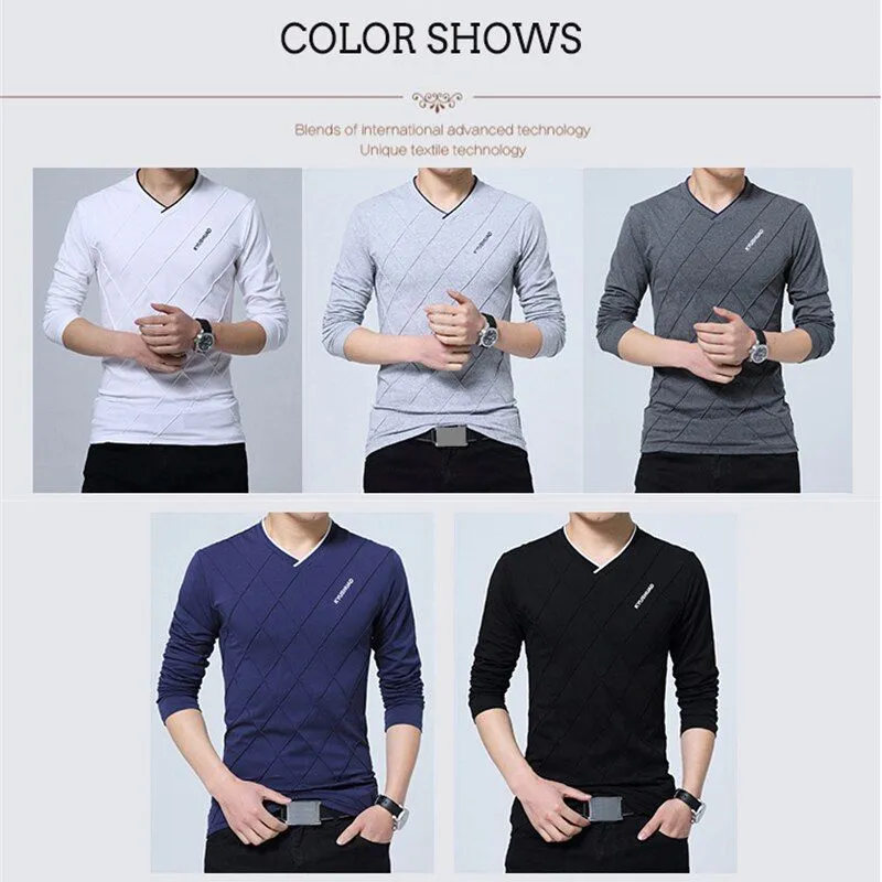 Men's T-shirt Slim Fit High V-Neck Long Sleeve With Geometric Detail Sizes Up to 5XL