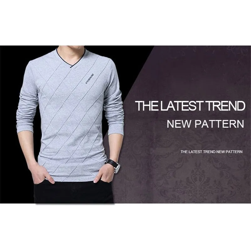 Men's T-shirt Slim Fit High V-Neck Long Sleeve With Geometric Detail Sizes Up to 5XL