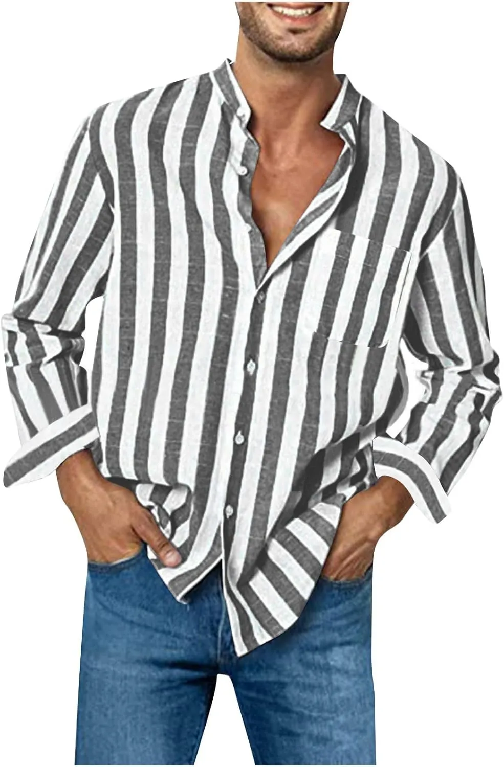 Mens T-Shirts Band Collar Striped Color Block Casual Button Shirt Tops Long Sleeve Trendy Cardigan Shirts with Pocket