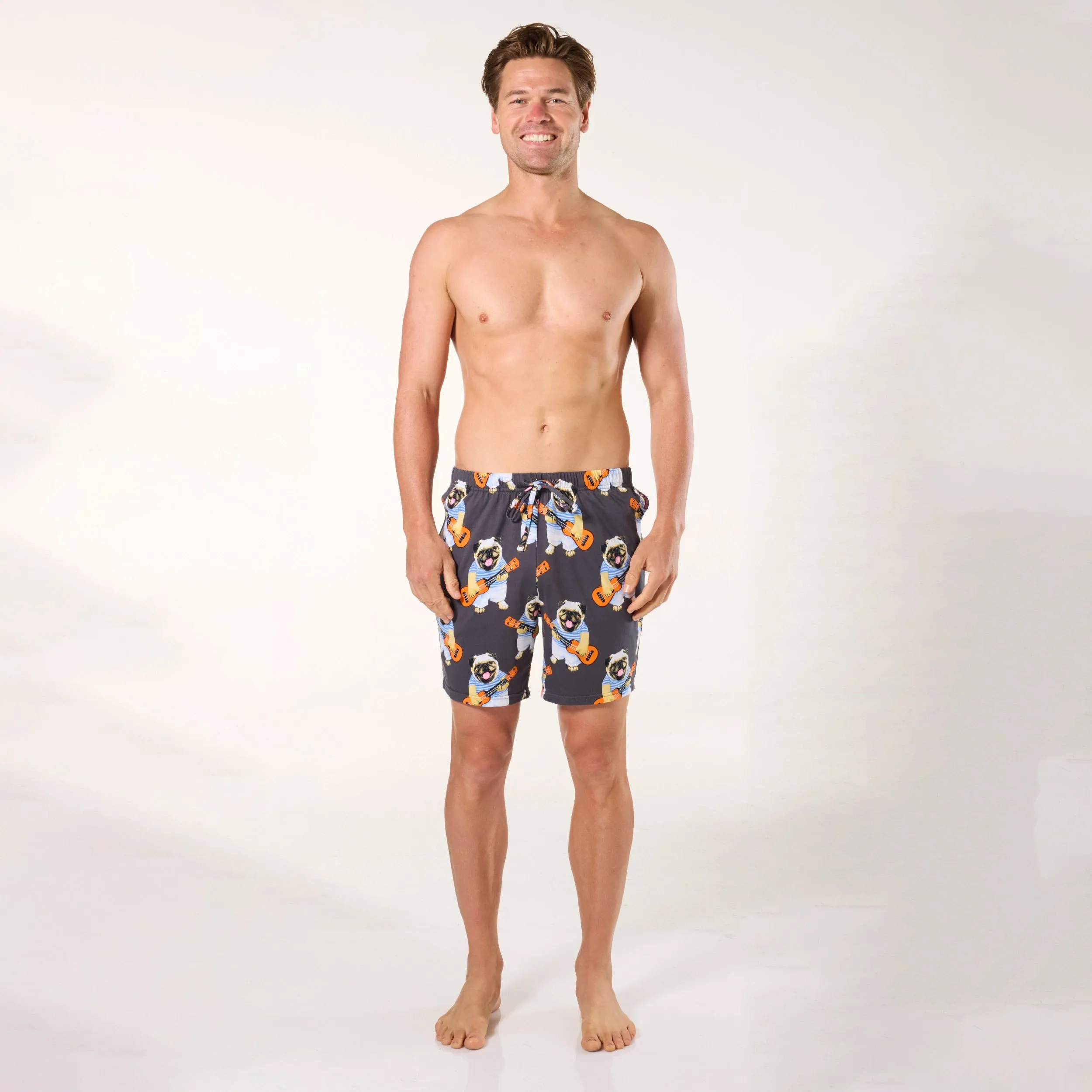 Men's Ukulele Pugs Cotton Knit Sleep Short - Charcoal