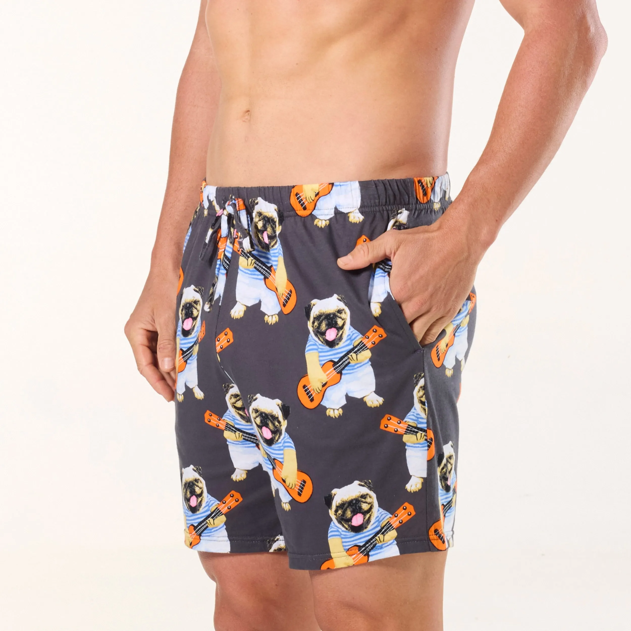 Men's Ukulele Pugs Cotton Knit Sleep Short - Charcoal