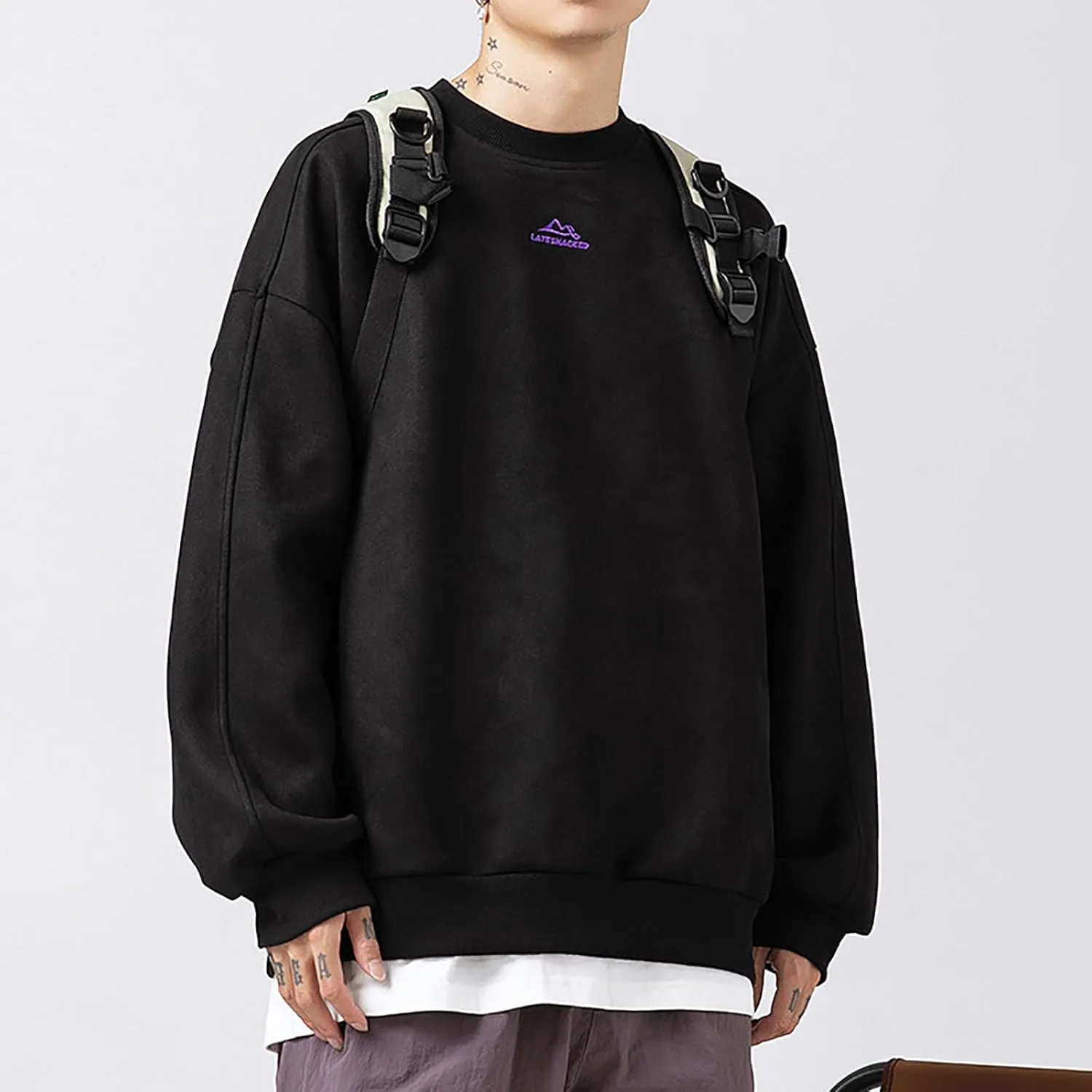 Mens Vintage Crew Neck Sweatshirts Loose Oversized T-Shirt Drop Shoulder Long Sleeve Sweatshirt Suede Pullover