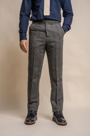 Men's Wool Blend Herringbone Check Trousers - Albert - Grey