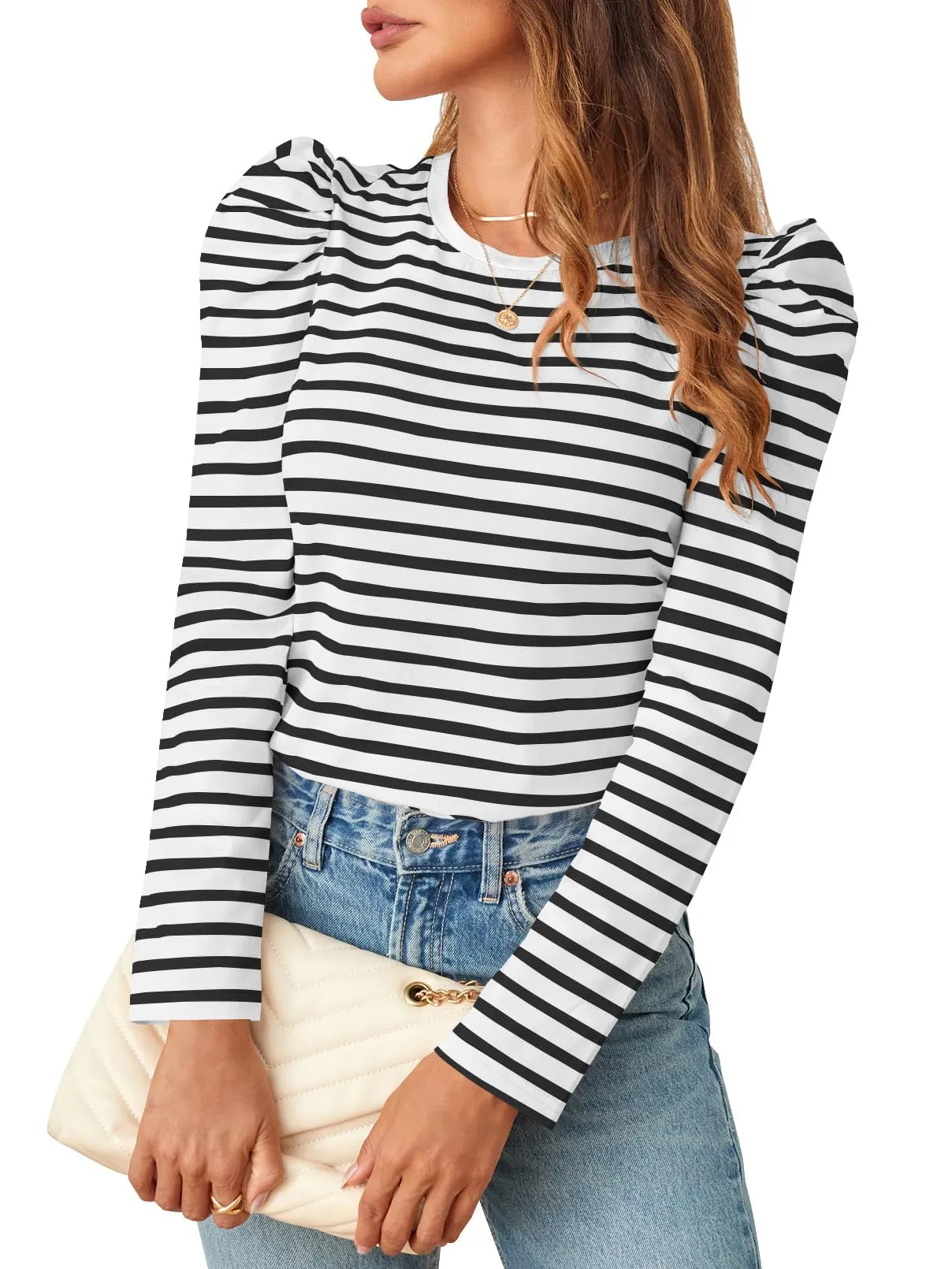 MEROKEETY Women's Puff Long Sleeve Striped Crew Neck Fall Casual Shirts