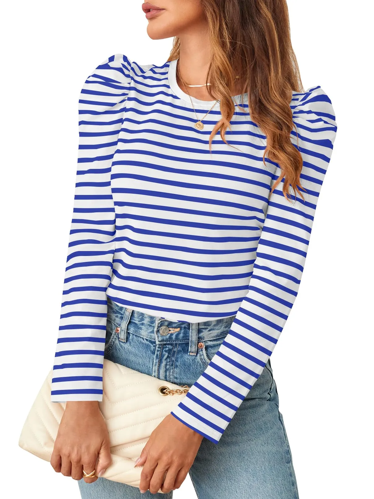 MEROKEETY Women's Puff Long Sleeve Striped Crew Neck Fall Casual Shirts