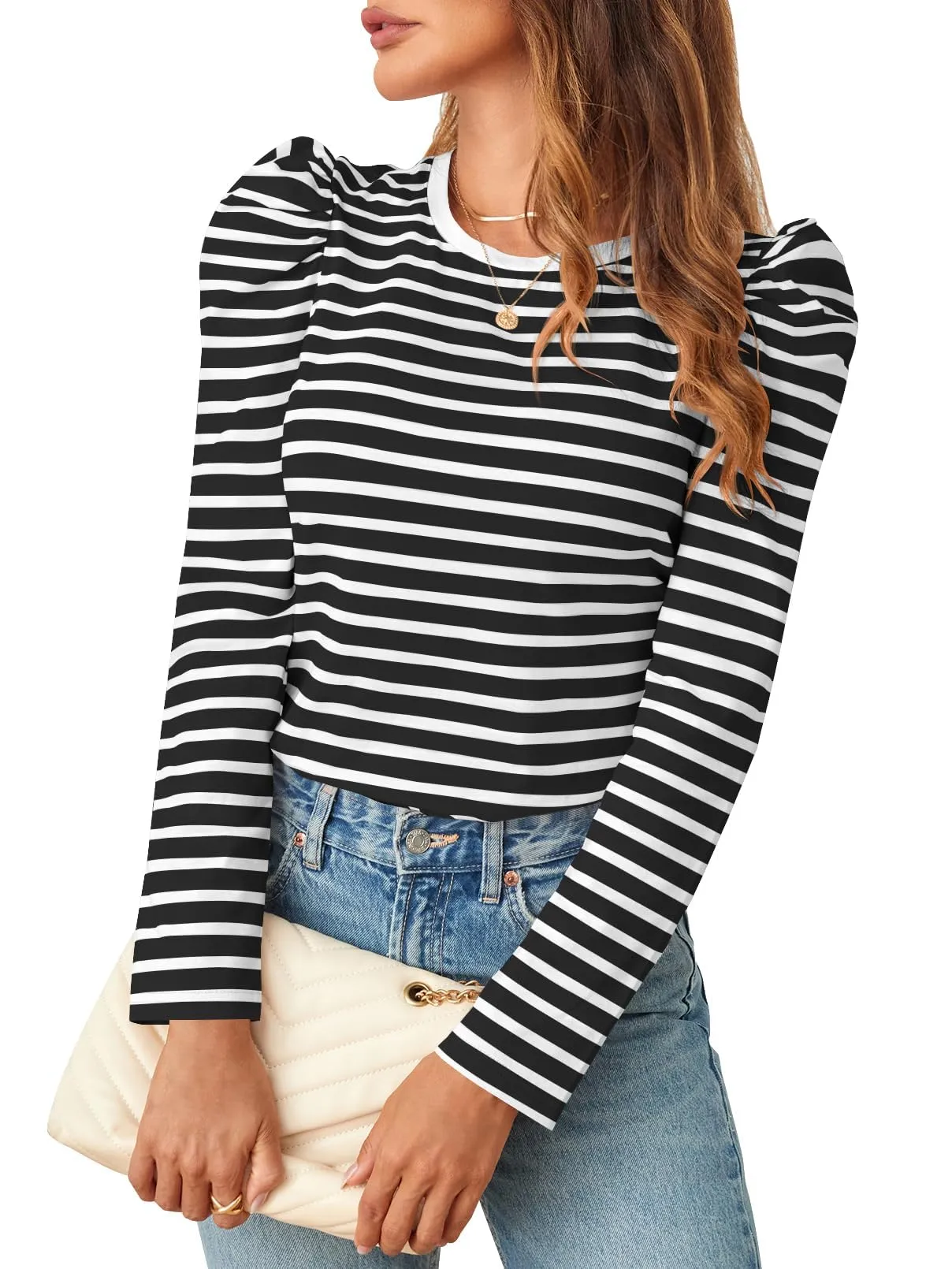 MEROKEETY Women's Puff Long Sleeve Striped Crew Neck Fall Casual Shirts