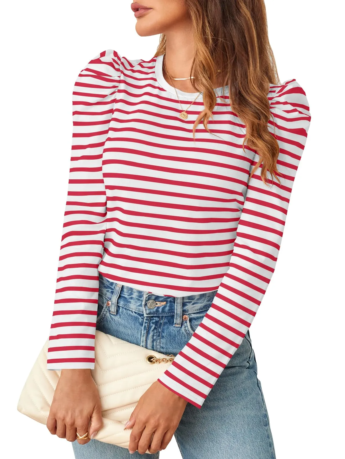 MEROKEETY Women's Puff Long Sleeve Striped Crew Neck Fall Casual Shirts