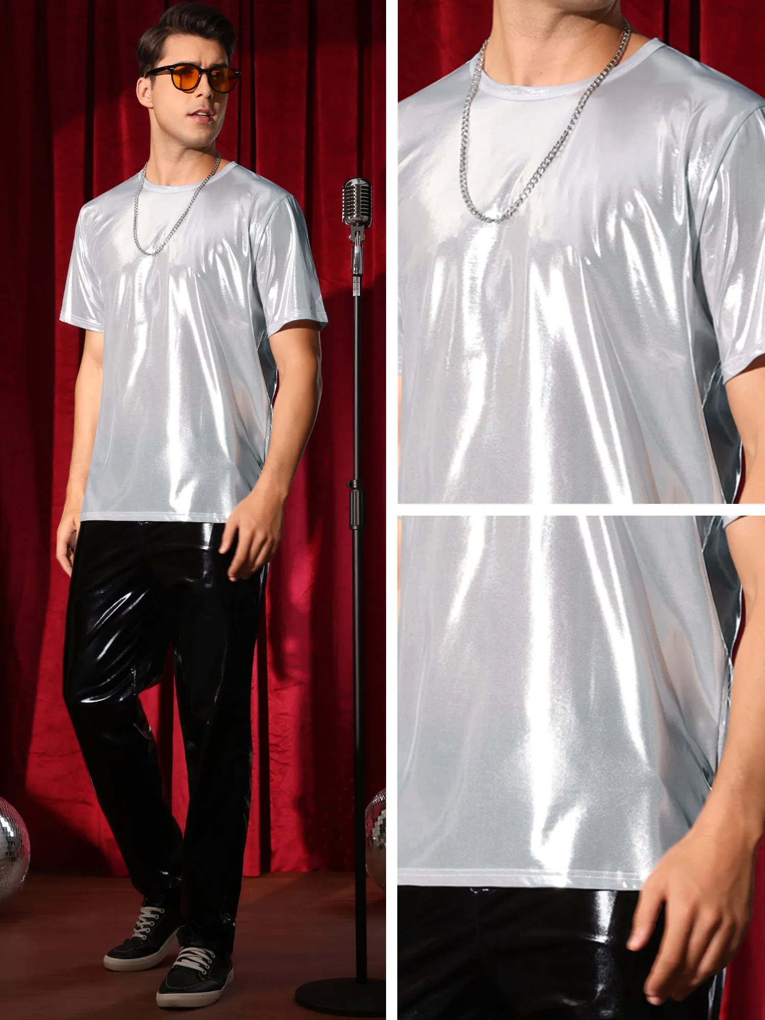 Metallic Tee for Men's Crew Neck Short Sleeves Party Disco Shiny T-Shirt Tops