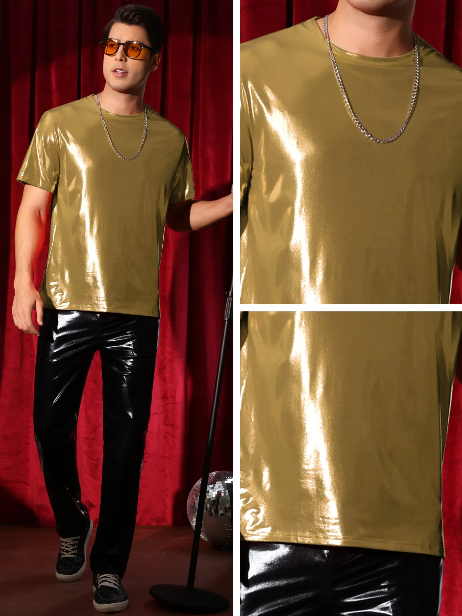 Metallic Tee for Men's Crew Neck Short Sleeves Party Disco Shiny T-Shirt Tops