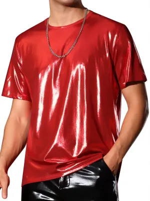Metallic Tee for Men's Crew Neck Short Sleeves Party Disco Shiny T-Shirt Tops