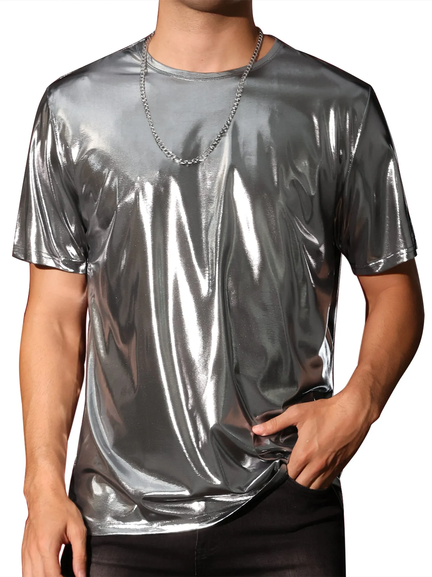 Metallic Tee for Men's Crew Neck Short Sleeves Party Disco Shiny T-Shirt Tops