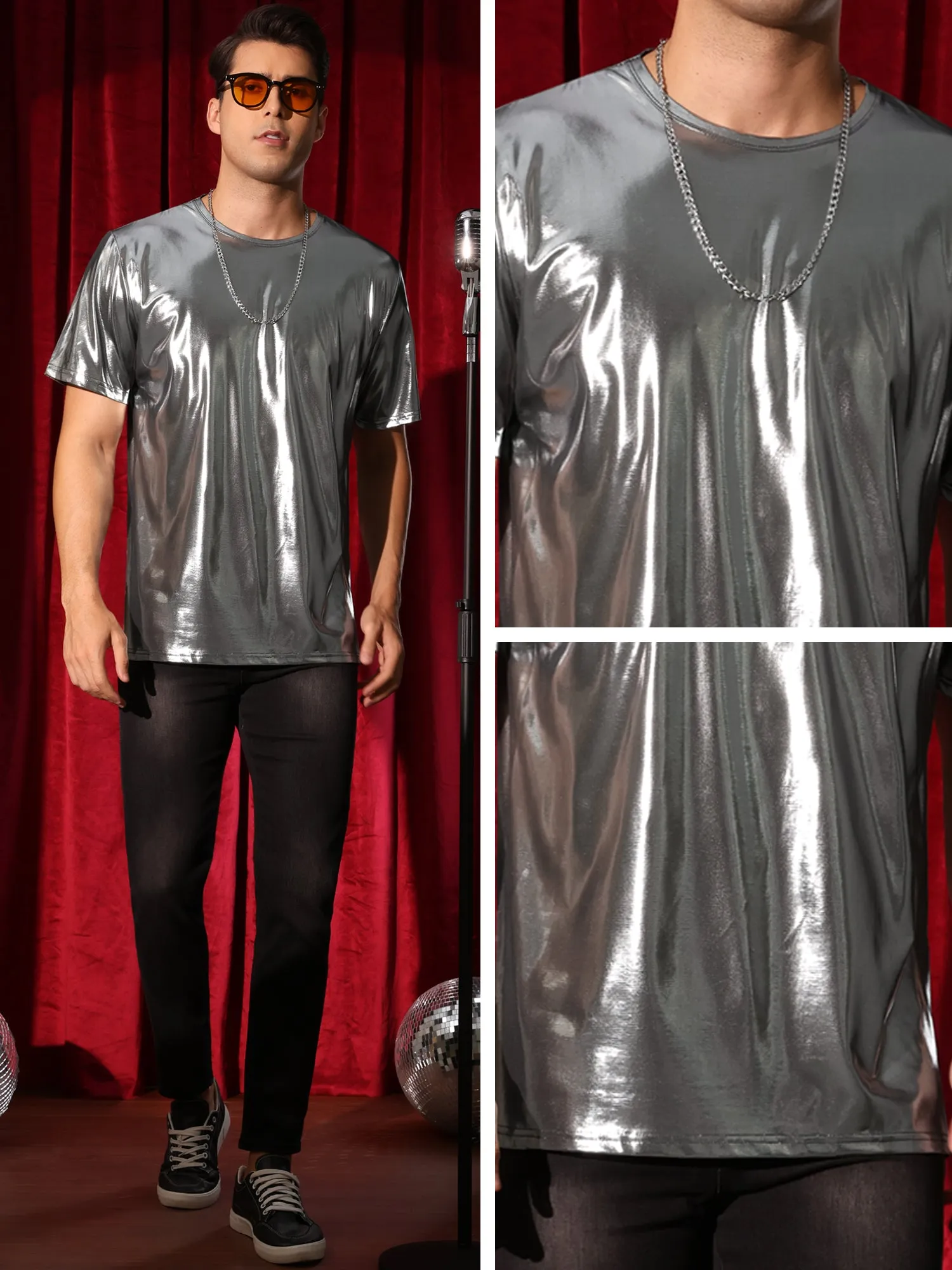 Metallic Tee for Men's Crew Neck Short Sleeves Party Disco Shiny T-Shirt Tops
