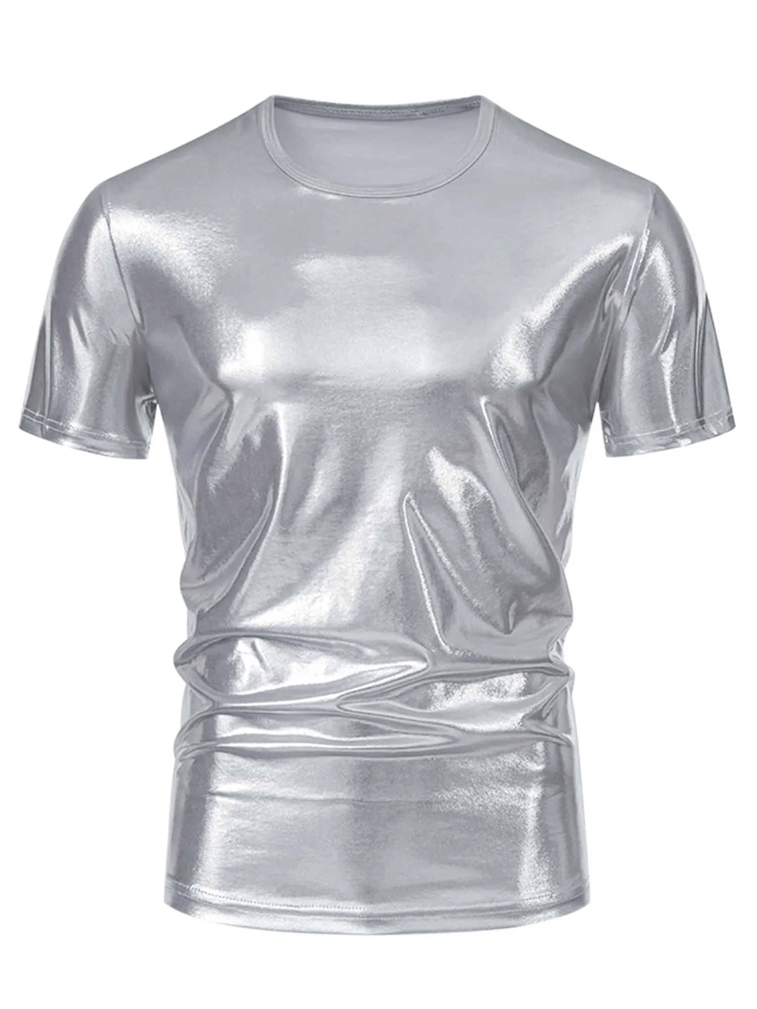 Metallic Tee for Men's Crew Neck Short Sleeves Party Disco Shiny T-Shirt Tops