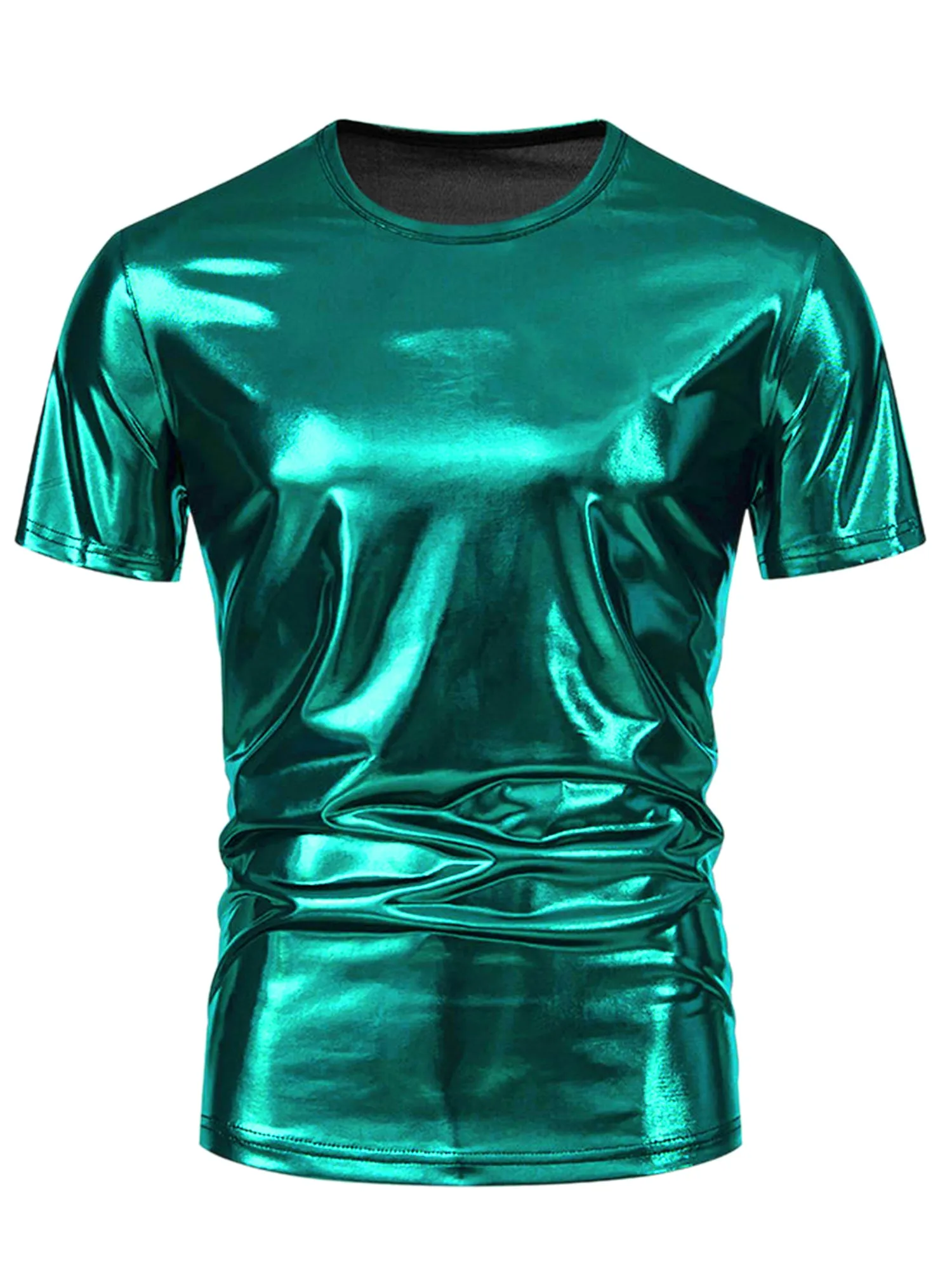 Metallic Tee for Men's Crew Neck Short Sleeves Party Disco Shiny T-Shirt Tops