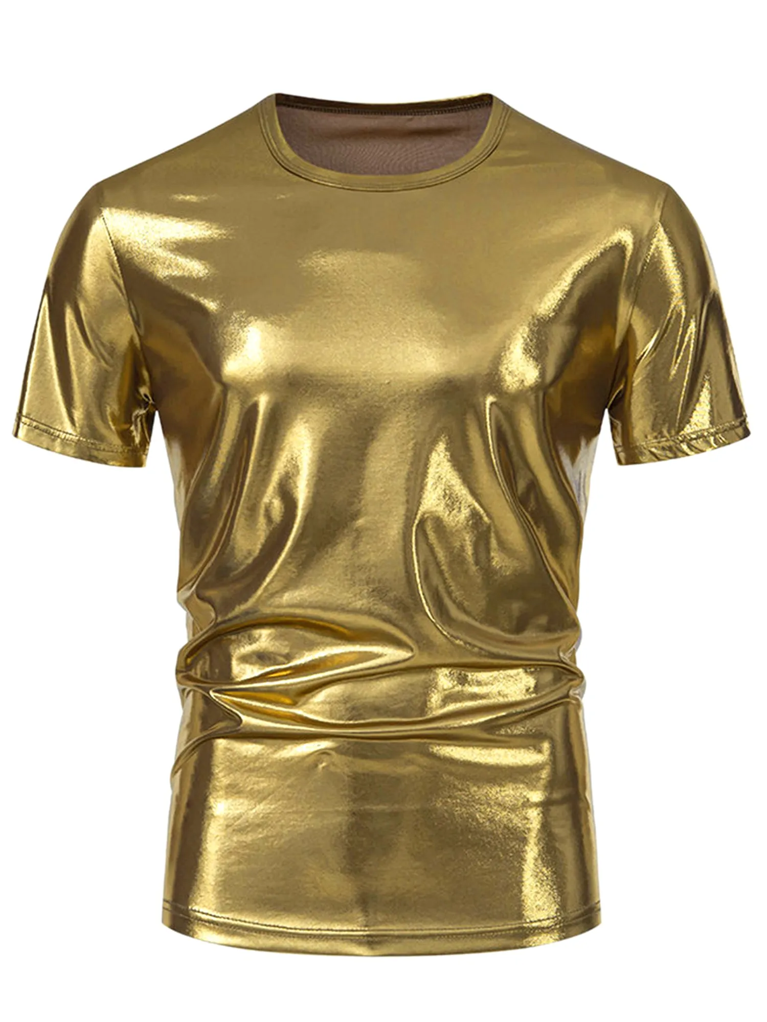 Metallic Tee for Men's Crew Neck Short Sleeves Party Disco Shiny T-Shirt Tops
