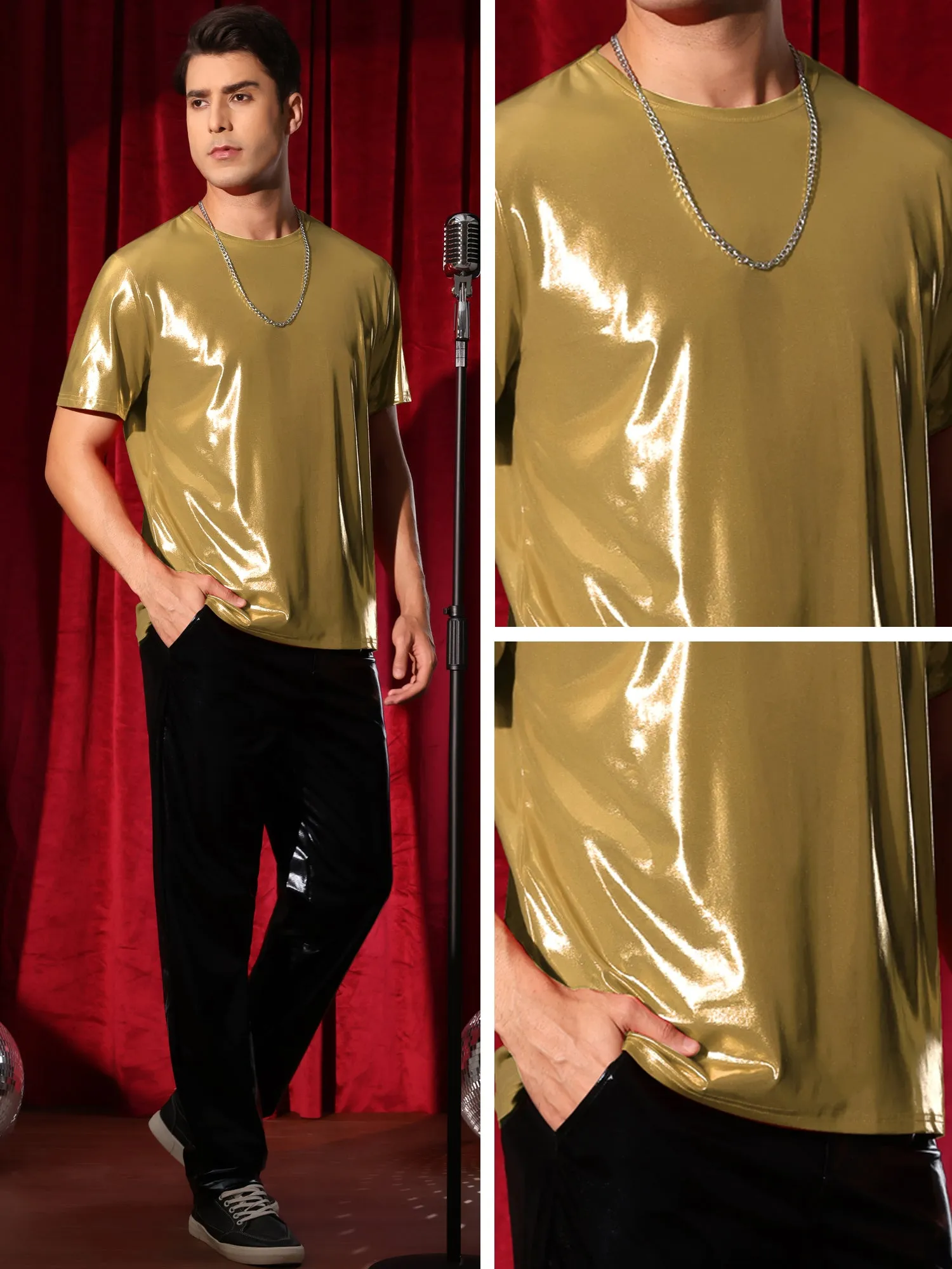 Metallic Tee for Men's Crew Neck Short Sleeves Party Disco Shiny T-Shirt Tops