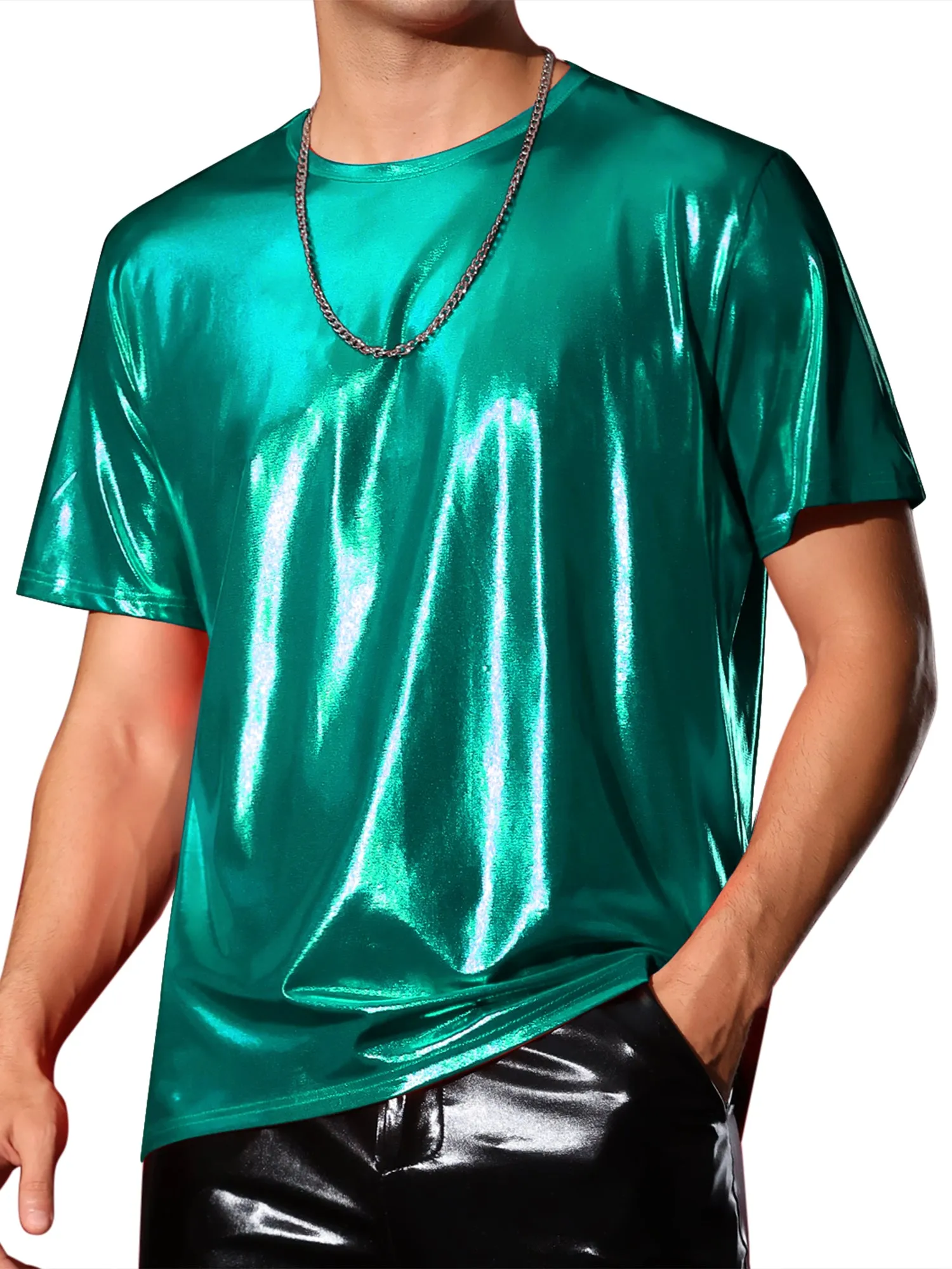 Metallic Tee for Men's Crew Neck Short Sleeves Party Disco Shiny T-Shirt Tops