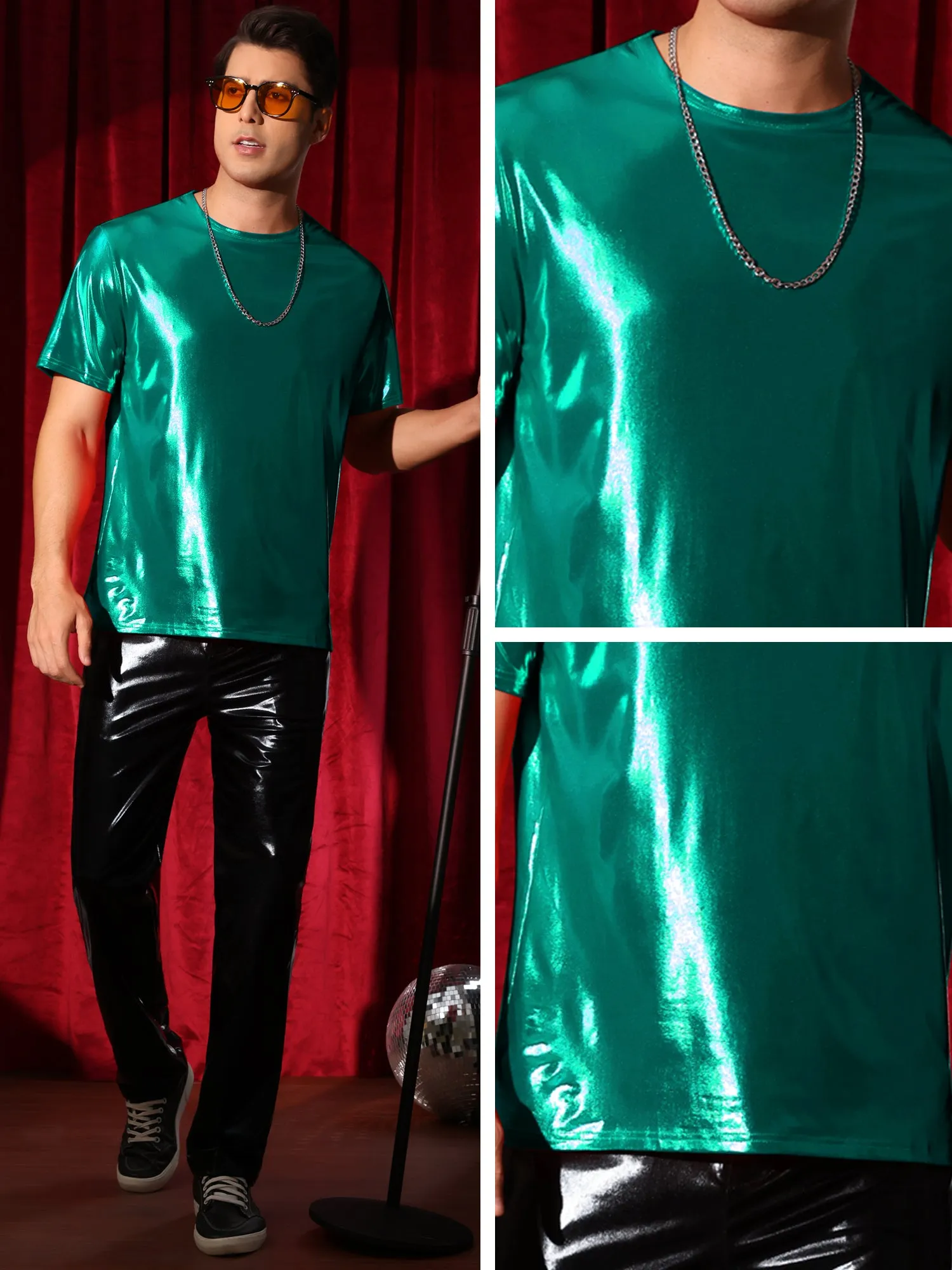 Metallic Tee for Men's Crew Neck Short Sleeves Party Disco Shiny T-Shirt Tops