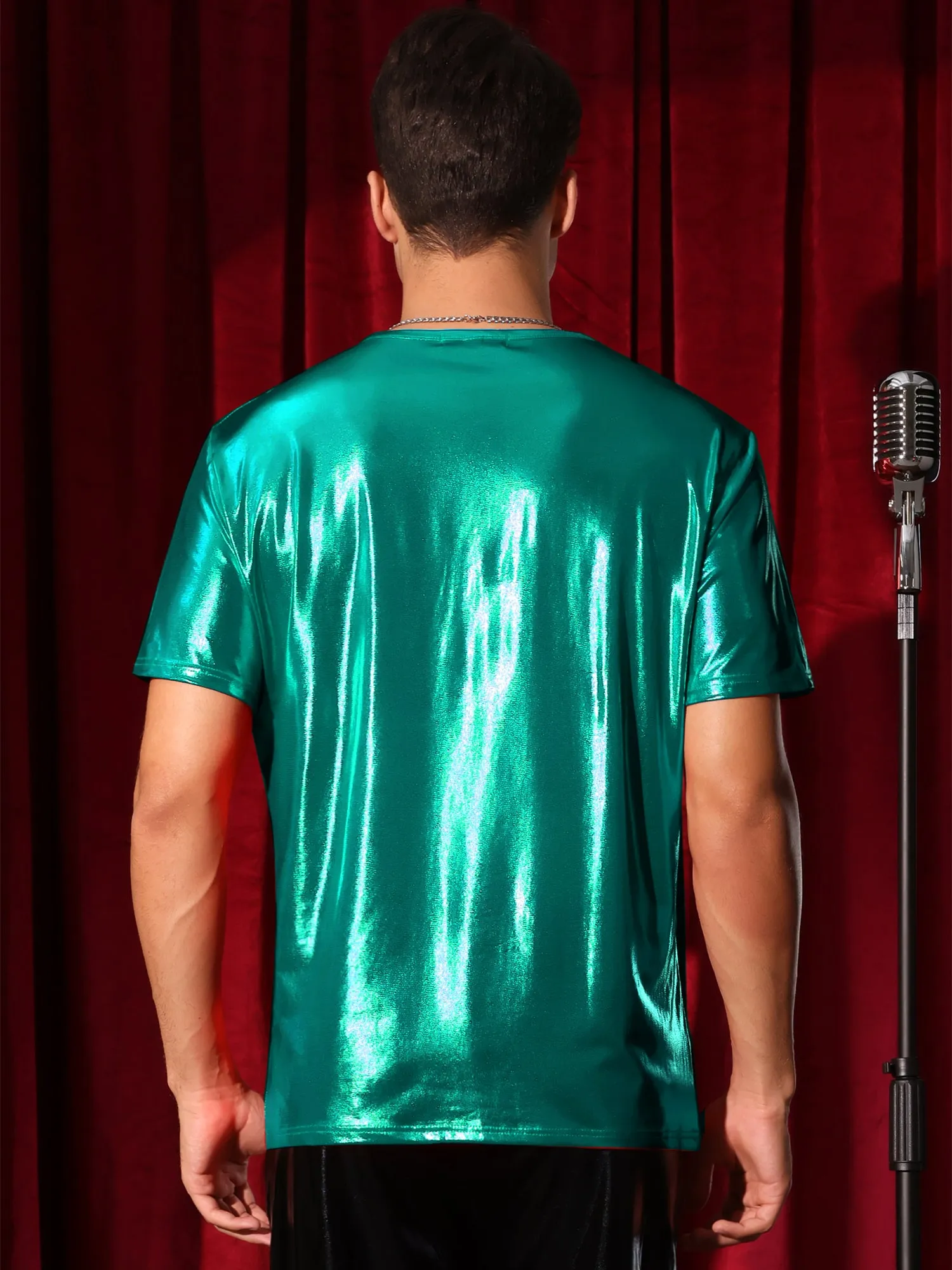 Metallic Tee for Men's Crew Neck Short Sleeves Party Disco Shiny T-Shirt Tops