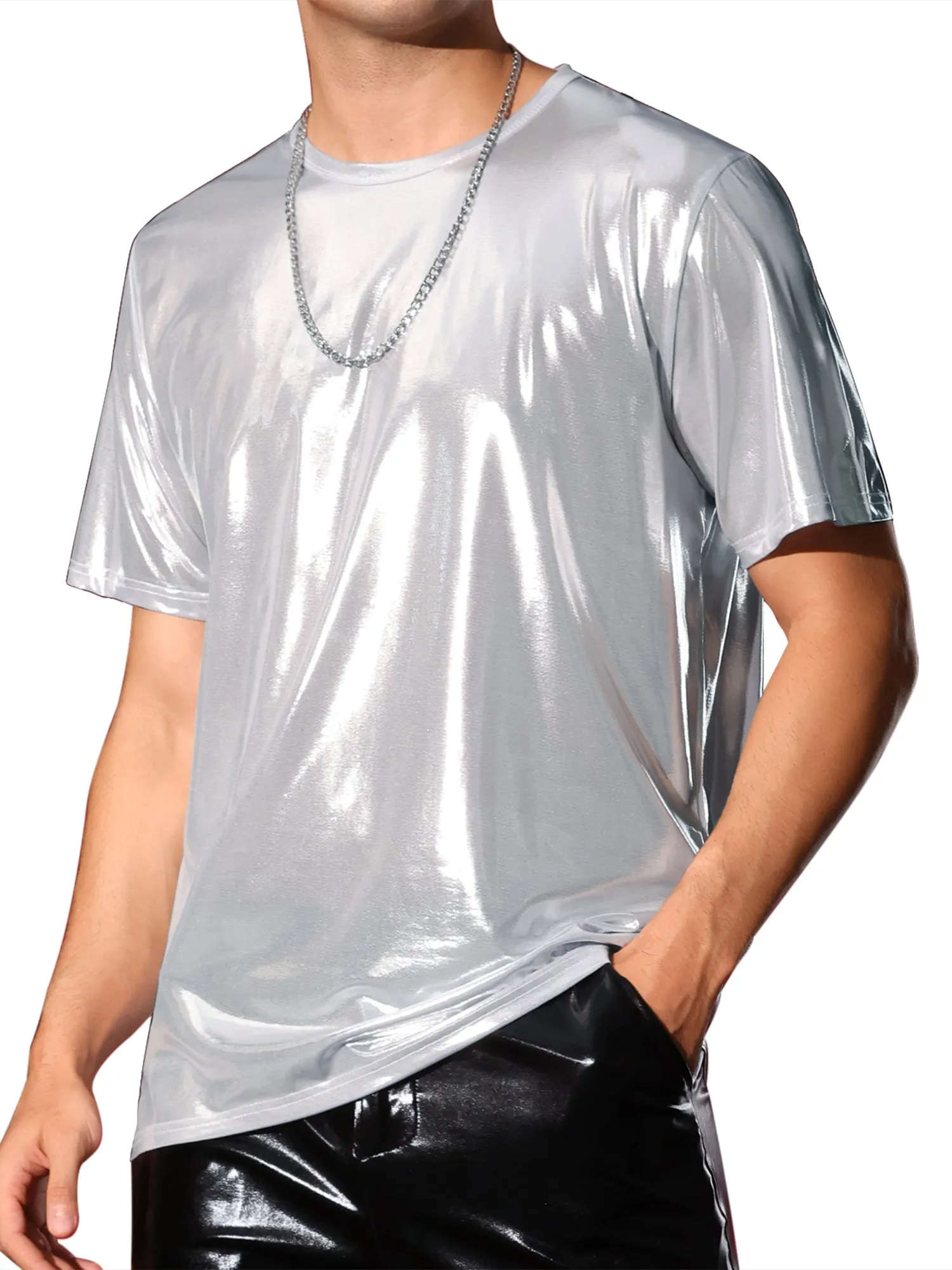 Metallic Tee for Men's Crew Neck Short Sleeves Party Disco Shiny T-Shirt Tops