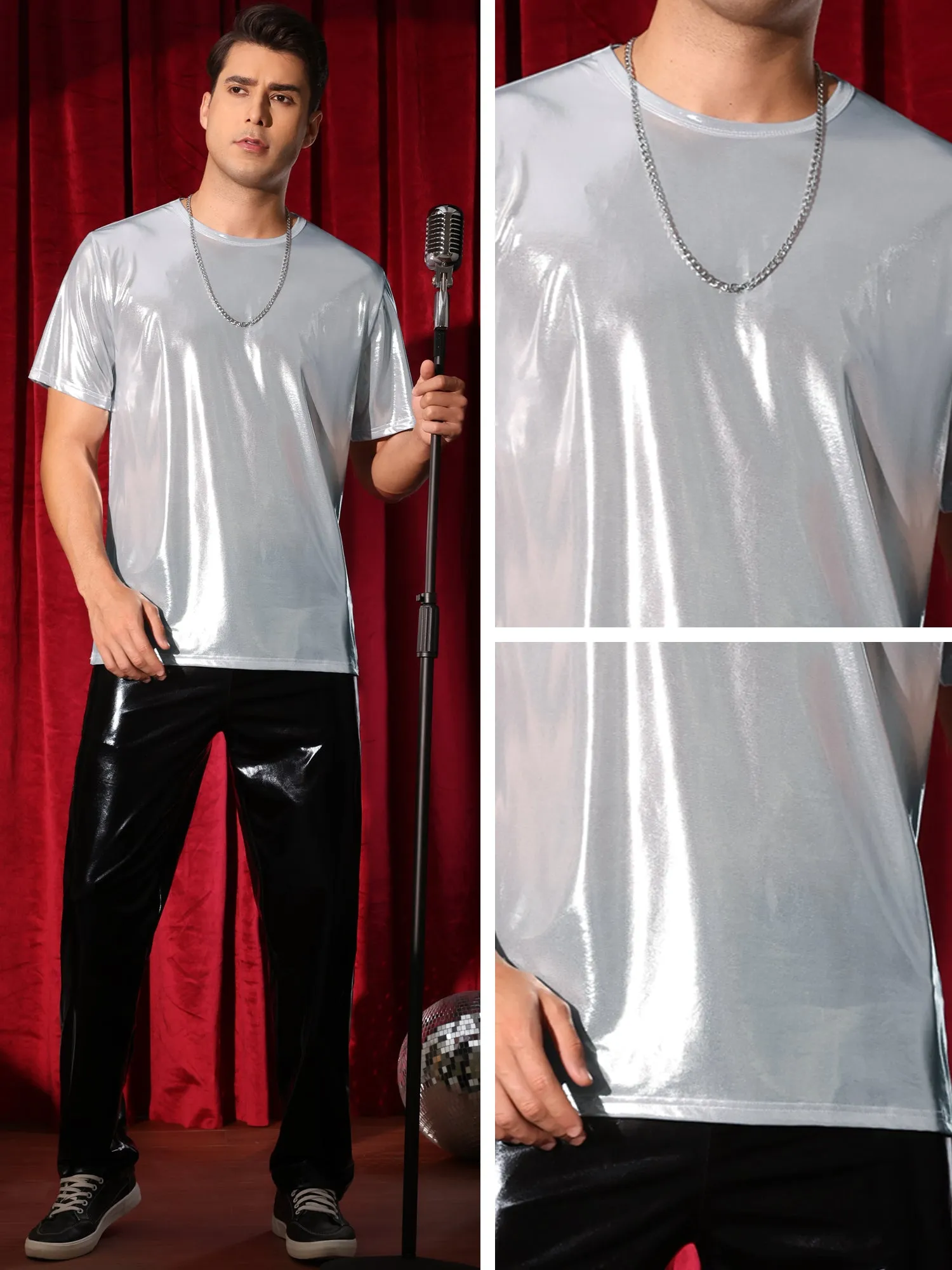 Metallic Tee for Men's Crew Neck Short Sleeves Party Disco Shiny T-Shirt Tops