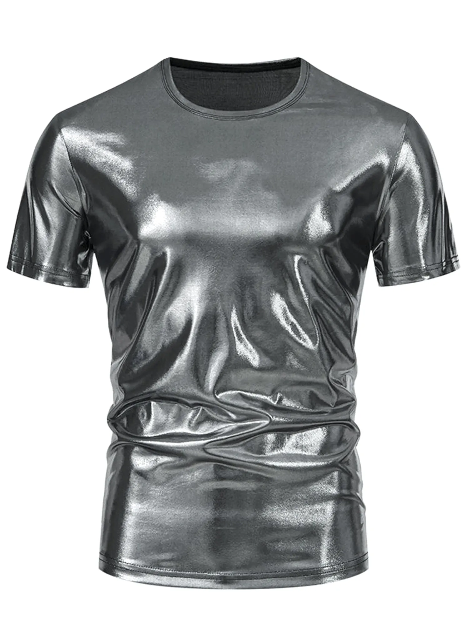 Metallic Tee for Men's Crew Neck Short Sleeves Party Disco Shiny T-Shirt Tops