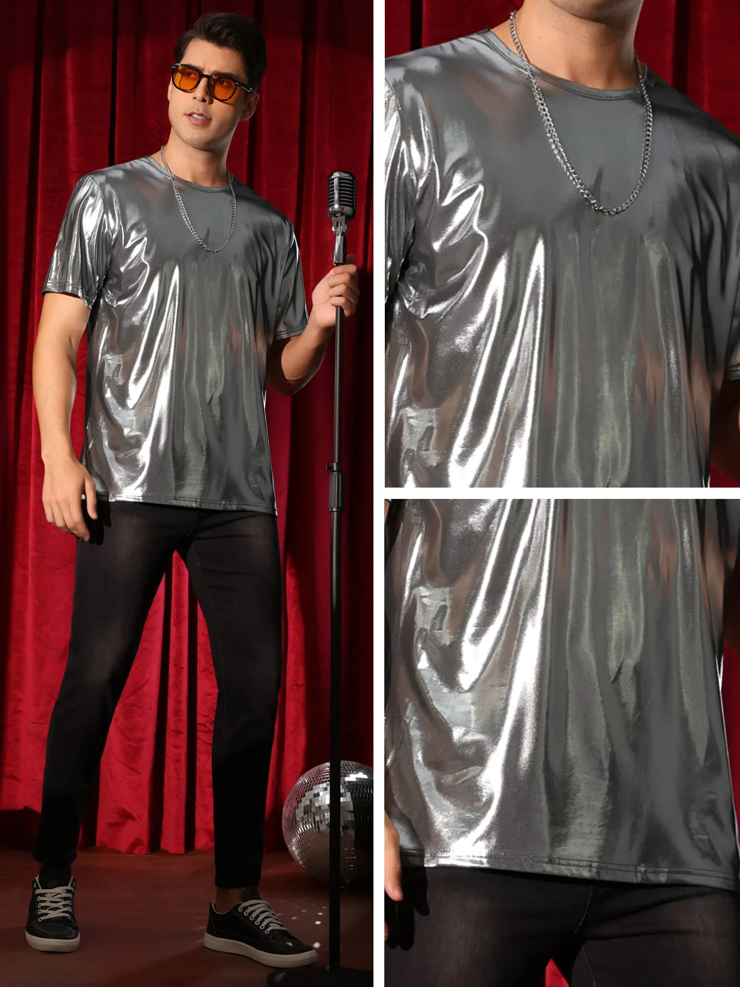 Metallic Tee for Men's Crew Neck Short Sleeves Party Disco Shiny T-Shirt Tops