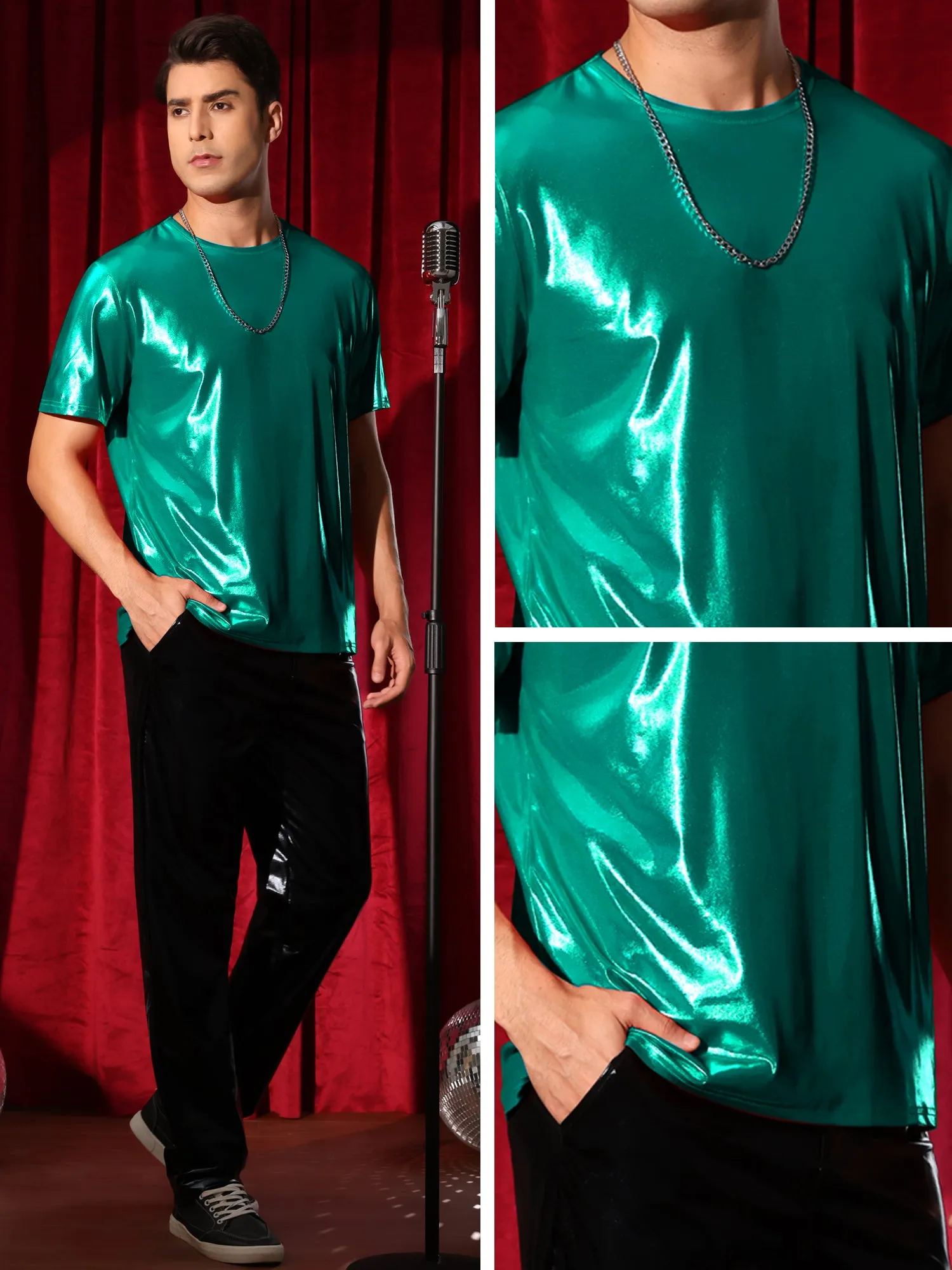 Metallic Tee for Men's Crew Neck Short Sleeves Party Disco Shiny T-Shirt Tops