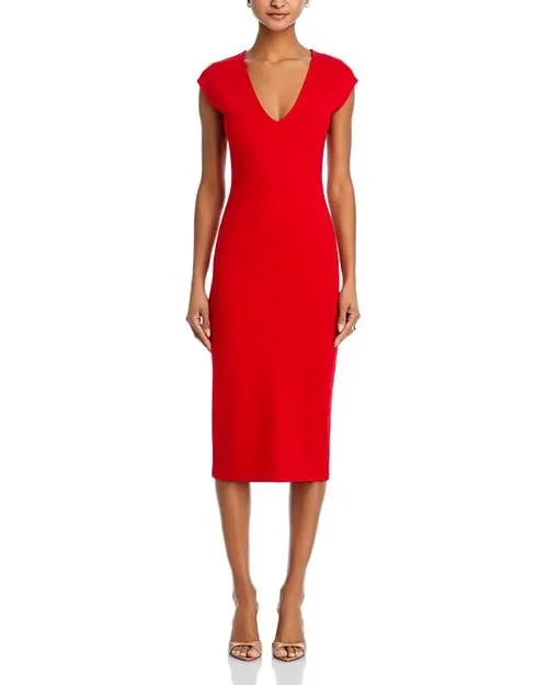 Midi dress with V-neck and short sleeves in AQUA ponte, color Red