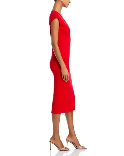 Midi dress with V-neck and short sleeves in AQUA ponte, color Red