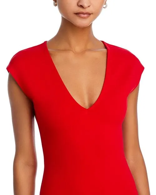 Midi dress with V-neck and short sleeves in AQUA ponte, color Red
