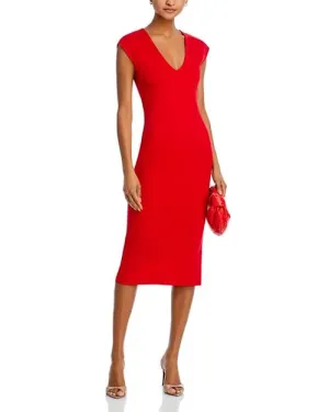 Midi dress with V-neck and short sleeves in AQUA ponte, color Red