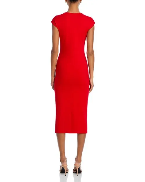 Midi dress with V-neck and short sleeves in AQUA ponte, color Red