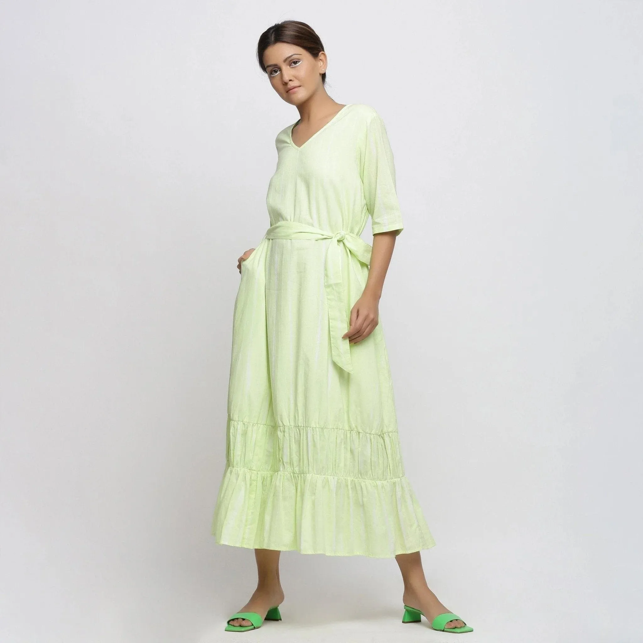 Mint Green Hand Tie-Dye Cotton Tier Maxi Dress