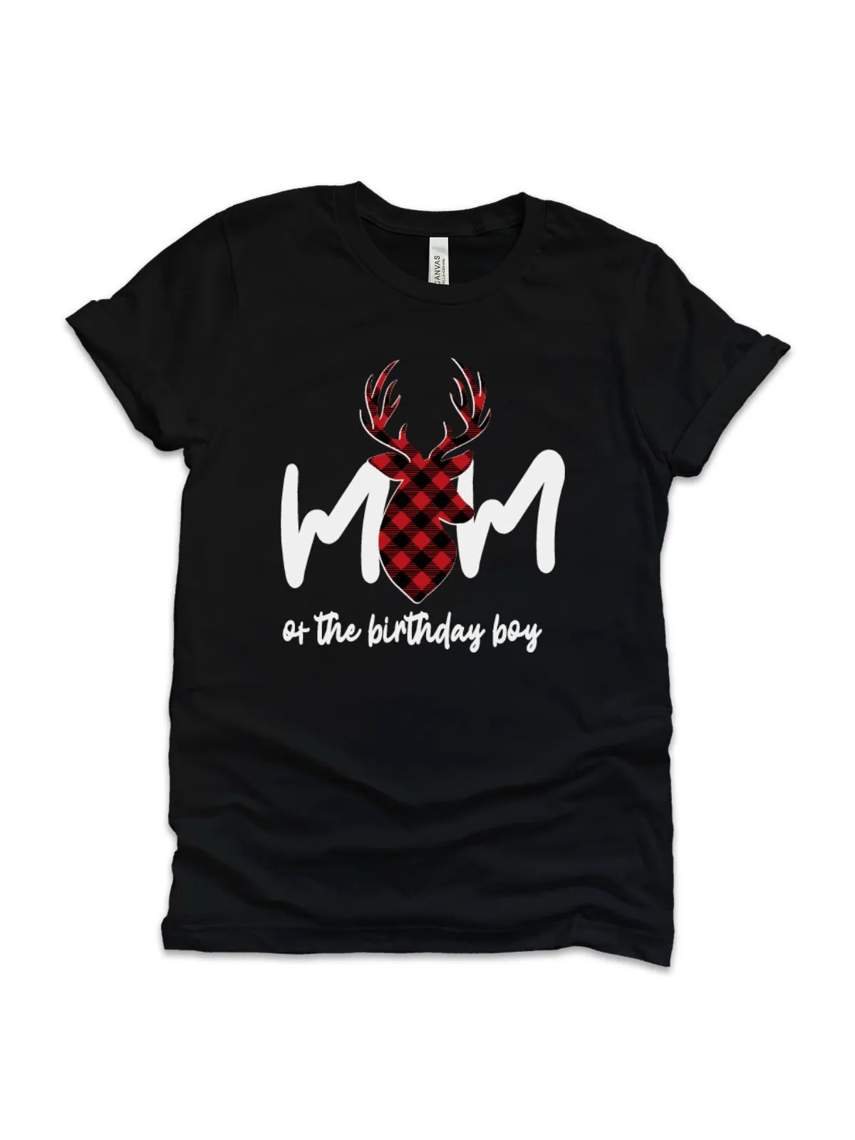 Mom of the Birthday Boy Buffalo Plaid Deer Tee
