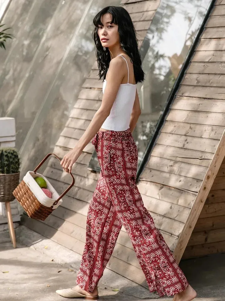 MQTIME  -  Bohemian Red Printed Beach Pants, Women'S Retro Ethnic Style High Waisted Slim Fit Vacation Wide Leg Long Pants
