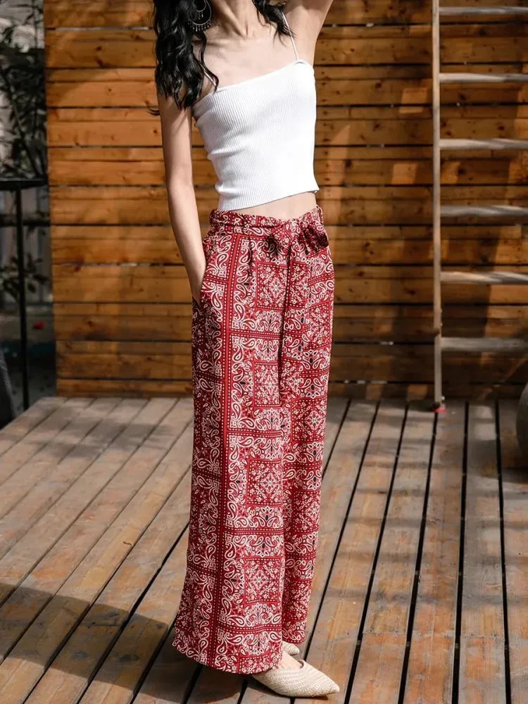 MQTIME  -  Bohemian Red Printed Beach Pants, Women'S Retro Ethnic Style High Waisted Slim Fit Vacation Wide Leg Long Pants