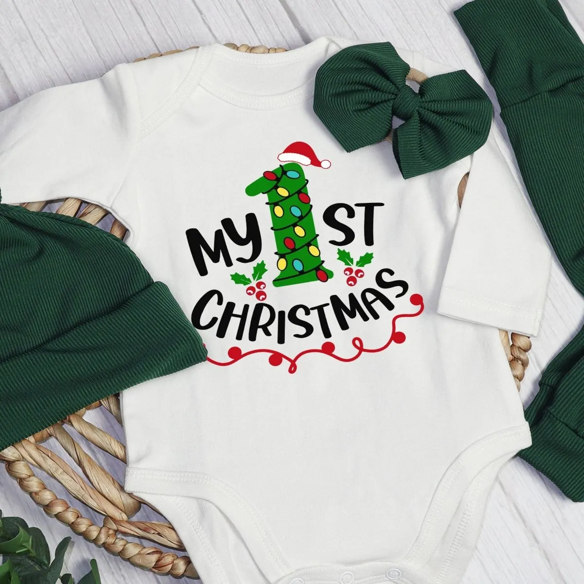 My 1st Christmas Baby Onesie and Long Pants Set | Custom First Christmas Onesie | Baby Christmas Outfit