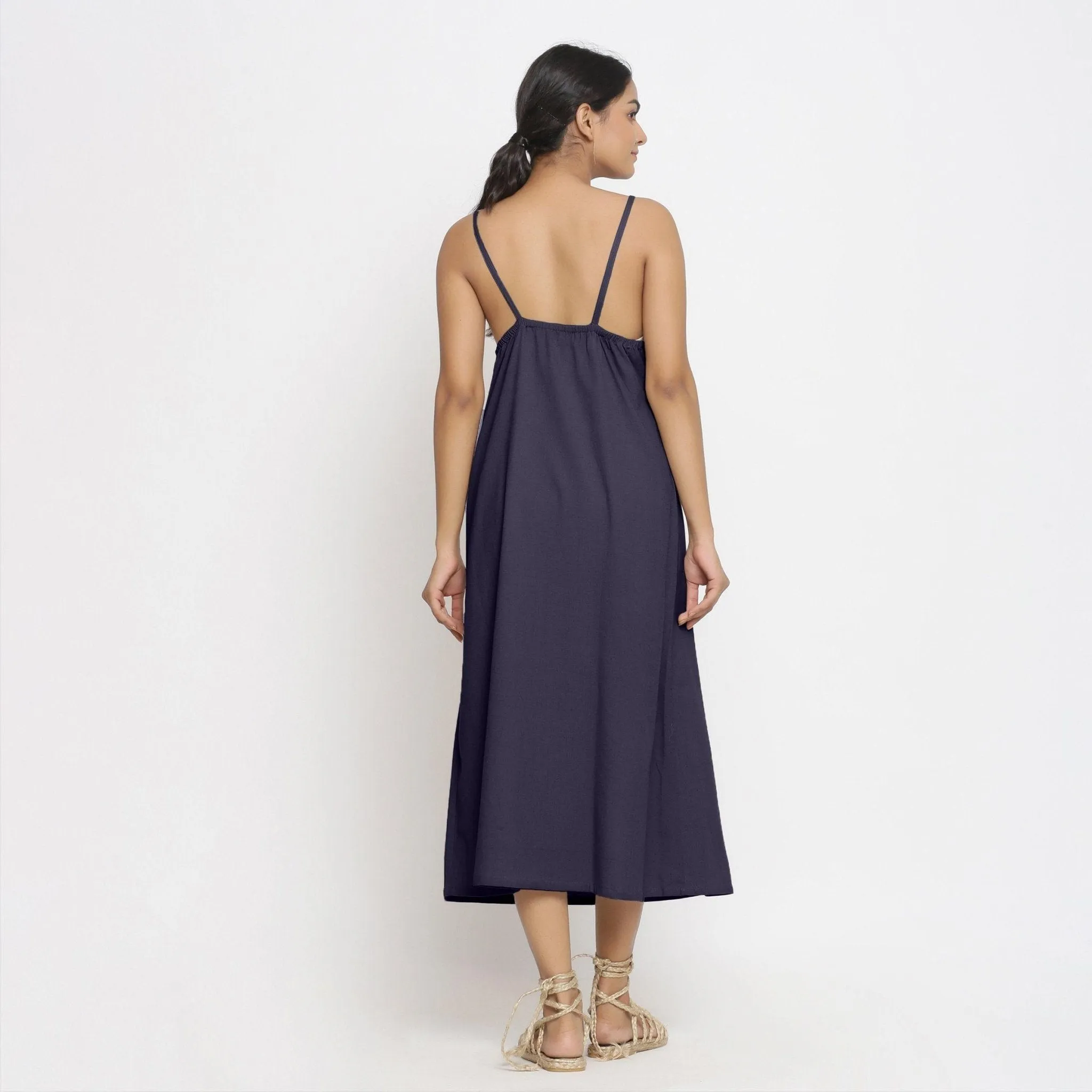 Navy Blue Cotton Flax Strappy A-Line Midi Dress