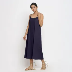 Navy Blue Cotton Flax Strappy A-Line Midi Dress