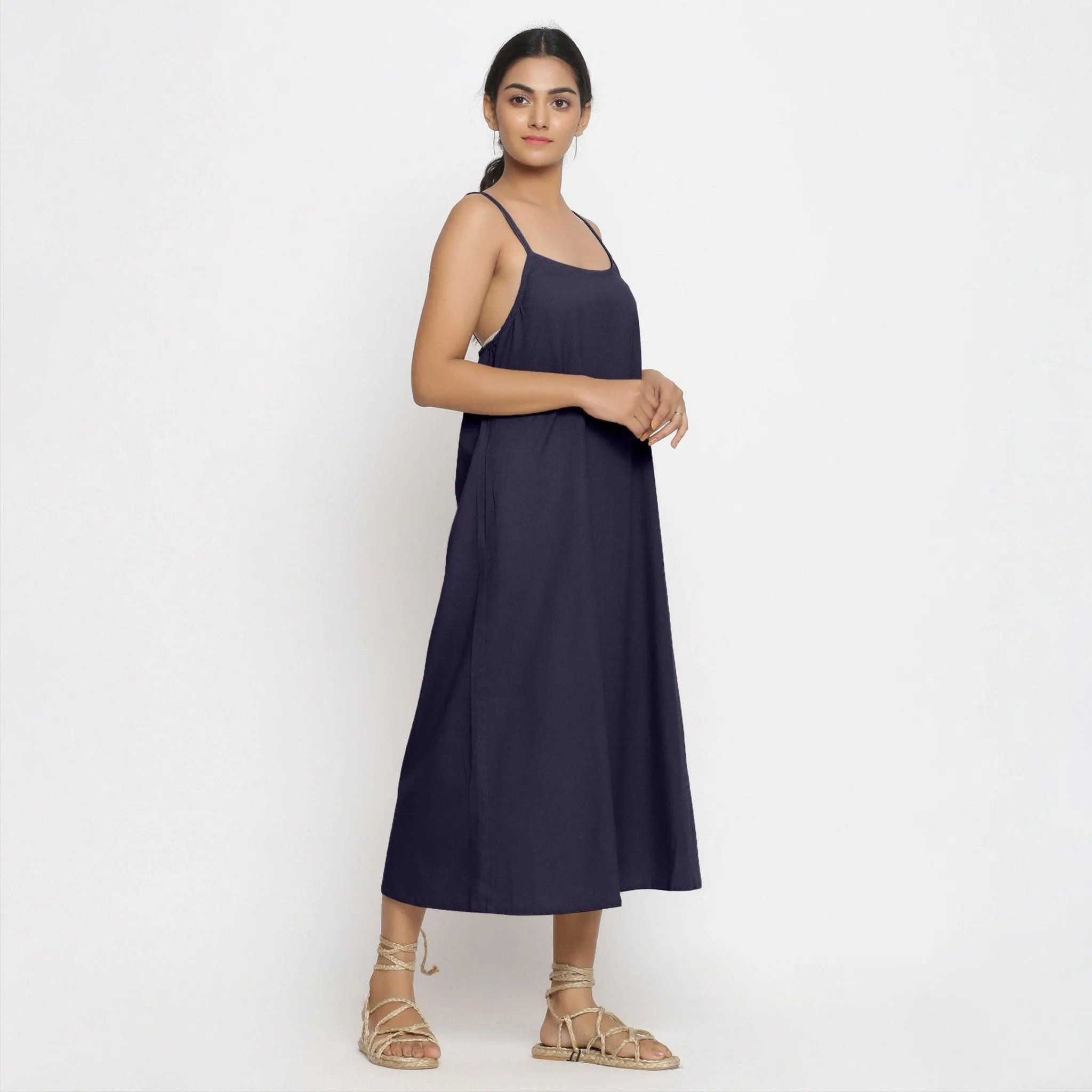 Navy Blue Cotton Flax Strappy A-Line Midi Dress