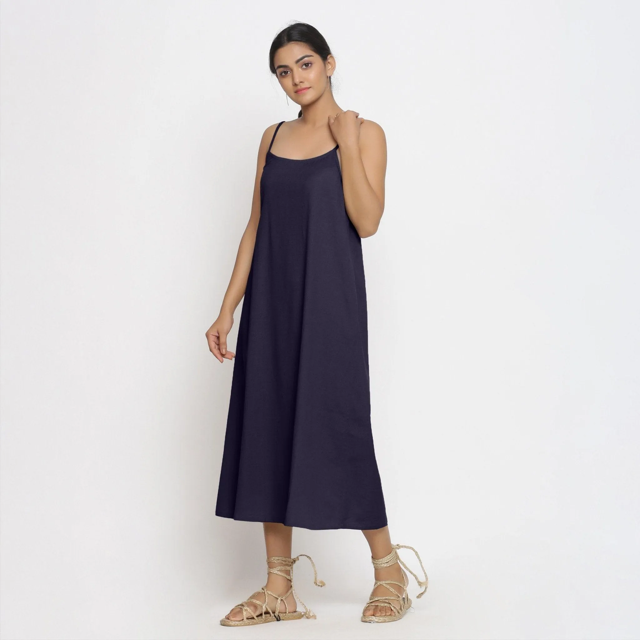 Navy Blue Cotton Flax Strappy A-Line Midi Dress