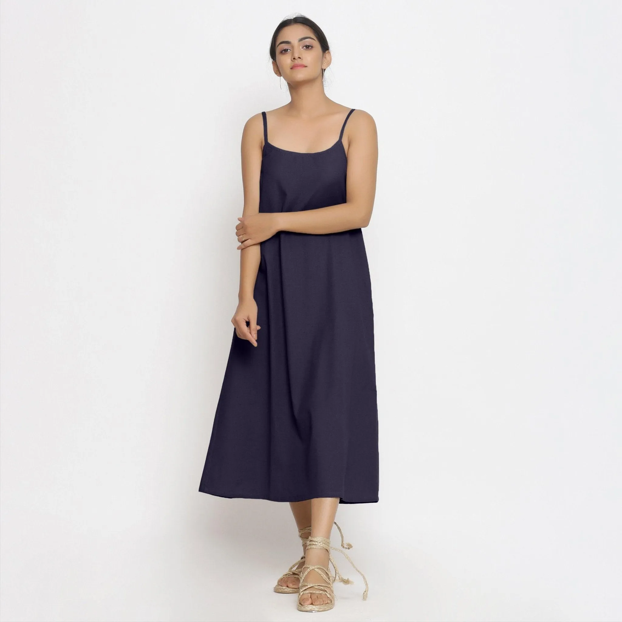 Navy Blue Cotton Flax Strappy A-Line Midi Dress