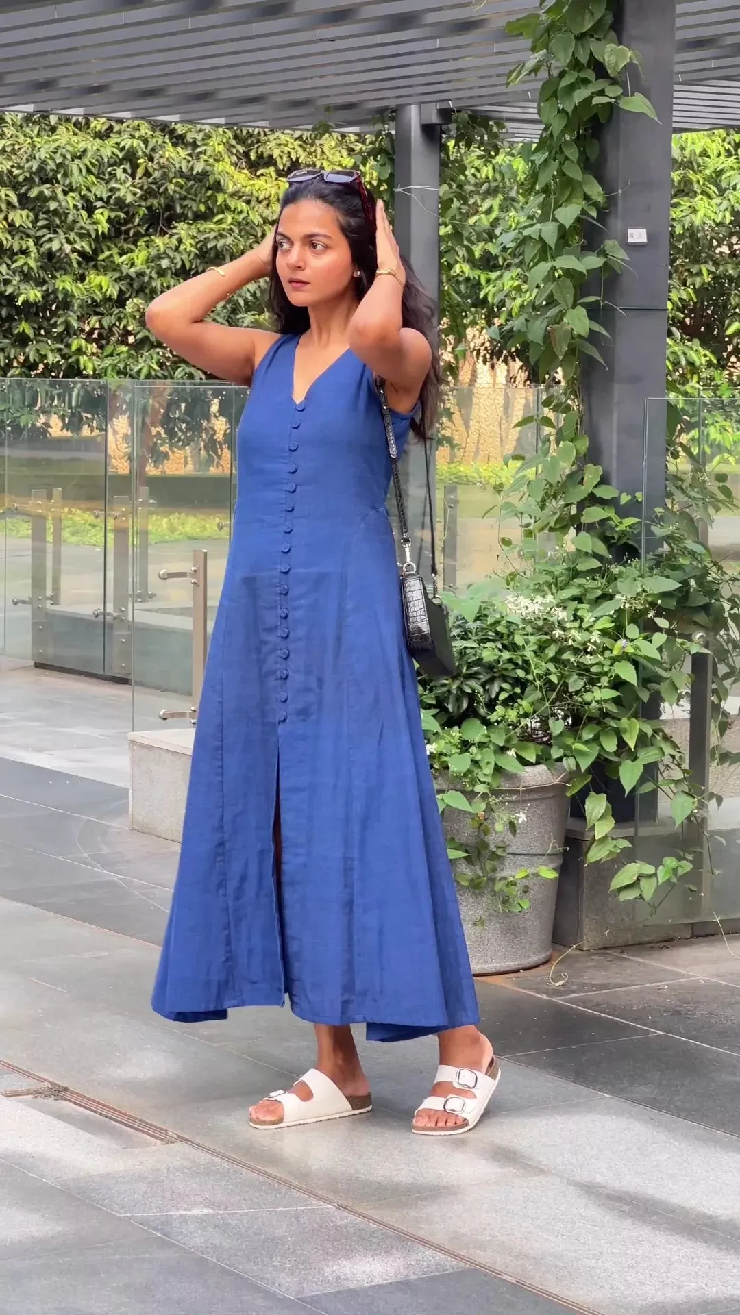 Navy Blue Handspun Cotton A-Line Front Slit Maxi Dress
