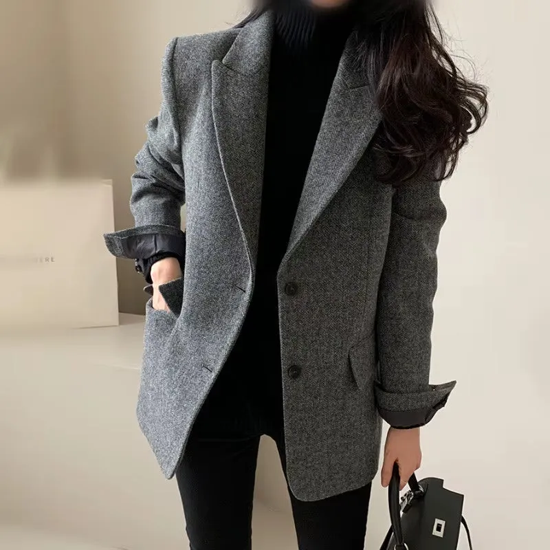 New Arrived Fushion Women Wool Coats Retro Casual Short Shoulder Pad Woolen British Style Wear