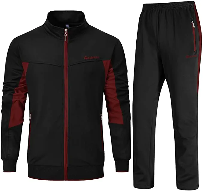 New BGOWATU Men's Tracksuits 2 Piece Running Jackets Athletic Pants Sports Suit with Zipper Pockets, Wine Red/Black, Sz S!